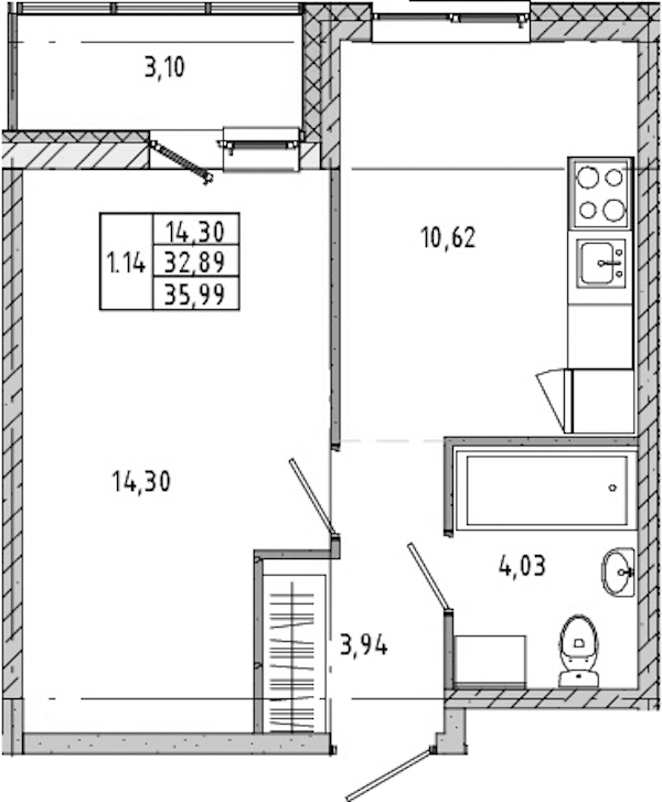 1-комнатная квартира 32.63 м², 2/21 эт., ЖК «Новые горизонты 2»